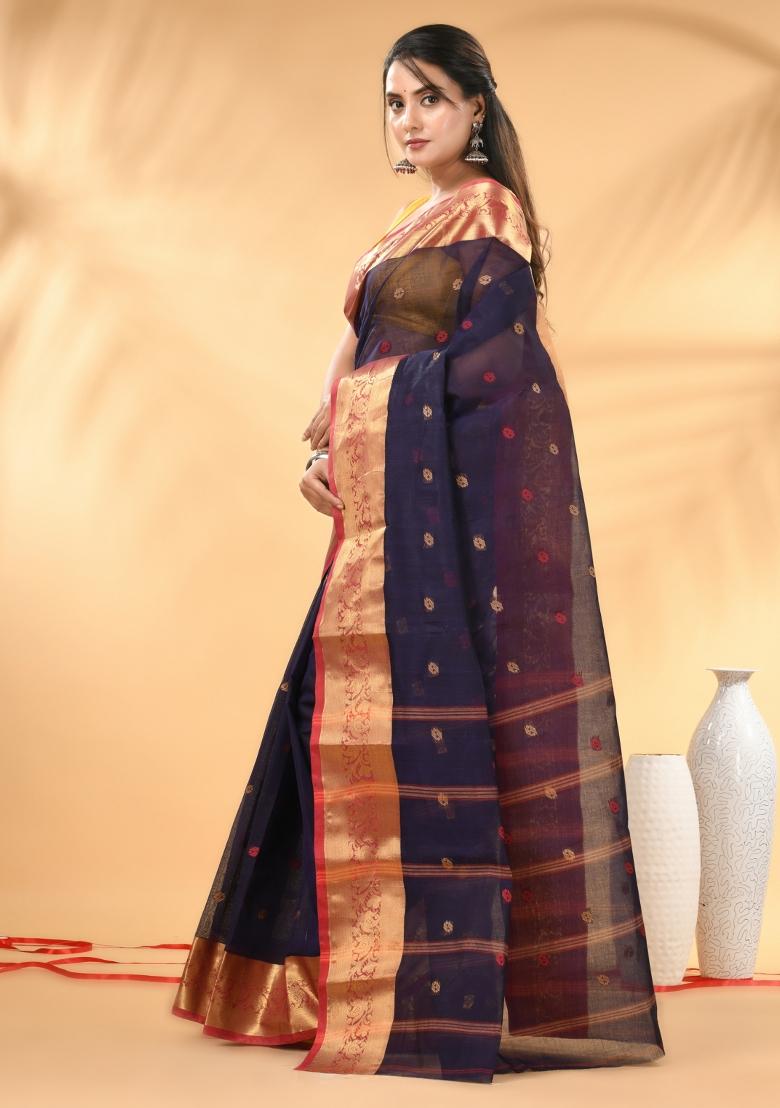 Navy Blue Floral Embroidery Cotton Saree - Indya
