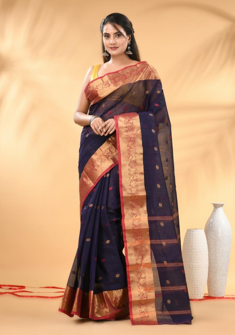 Navy Blue Floral Embroidery Cotton Saree - Indya