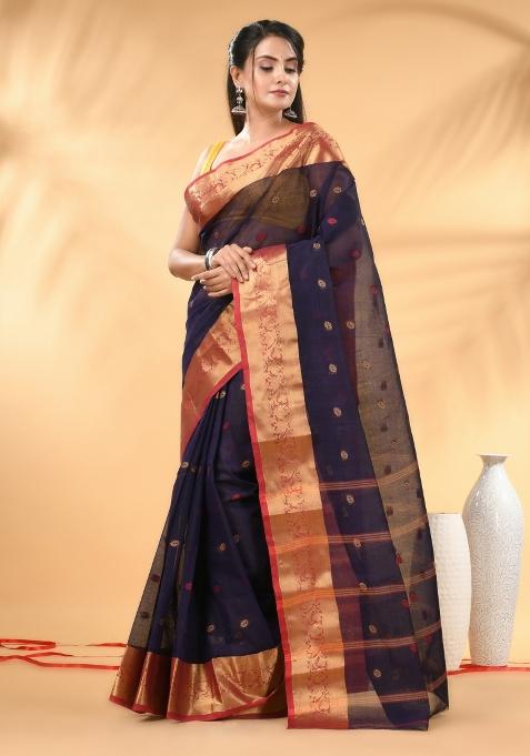 Navy Blue Floral Embroidery Cotton Saree