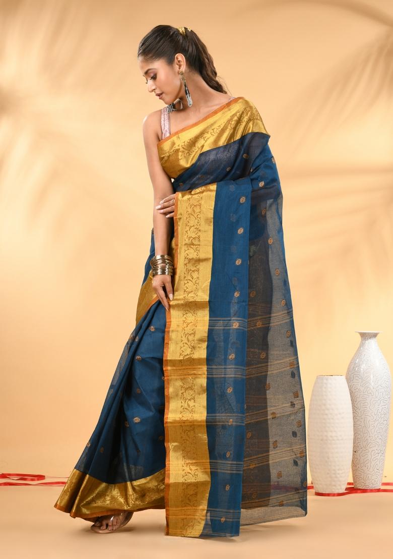 Sapphire Blue Floral Embroidery Cotton Saree - Indya