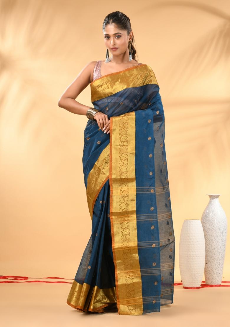 Sapphire Blue Floral Embroidery Cotton Saree - Indya