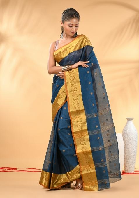 Sapphire Blue Floral Embroidery Cotton Saree