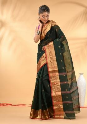 Bottle Green Floral Embroidery Cotton Saree