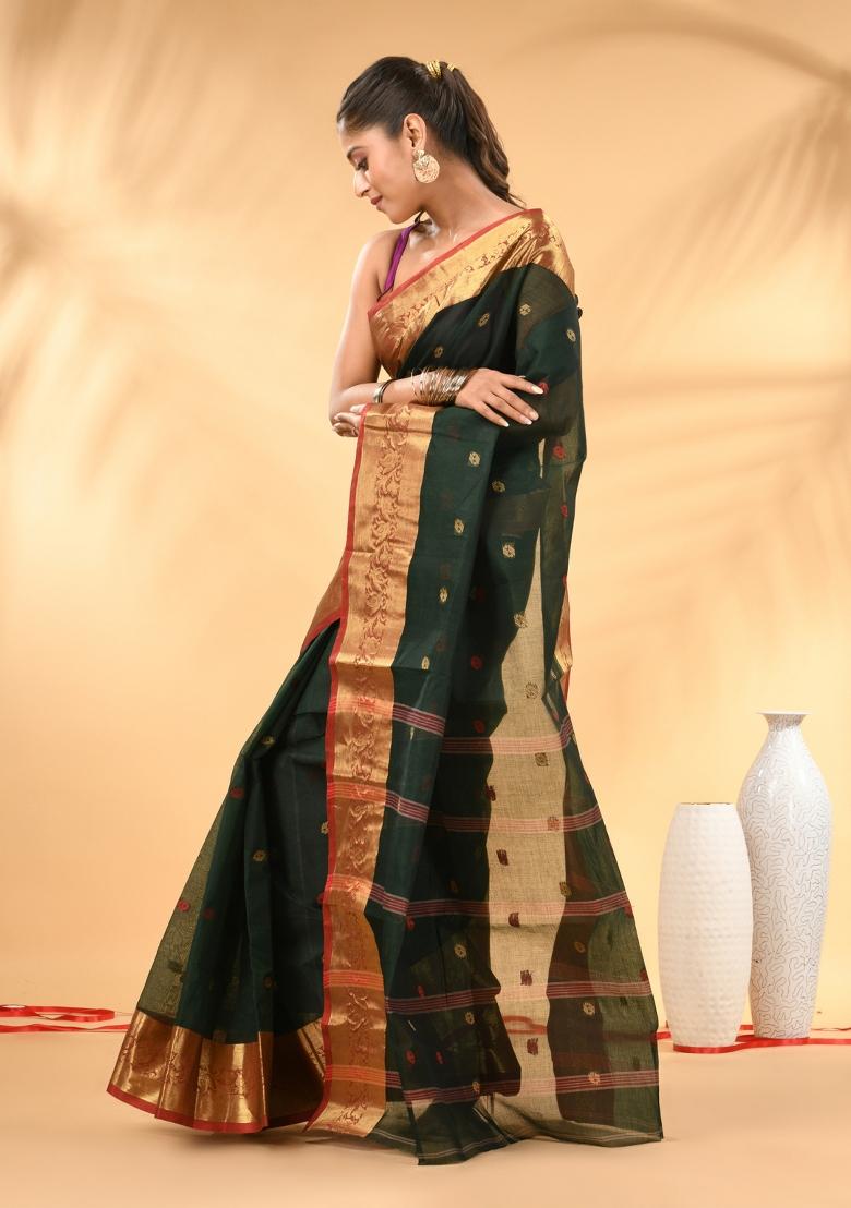 Bottle Green Floral Embroidery Cotton Saree - Indya