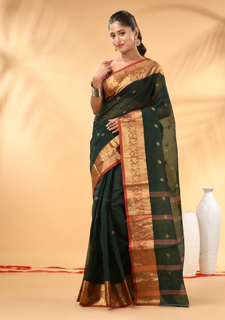 Bottle Green Floral Embroidery Cotton Saree - Indya