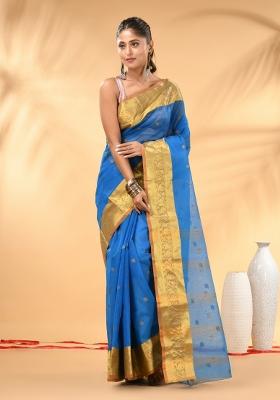 Sky Blue Floral Embroidery Cotton Saree