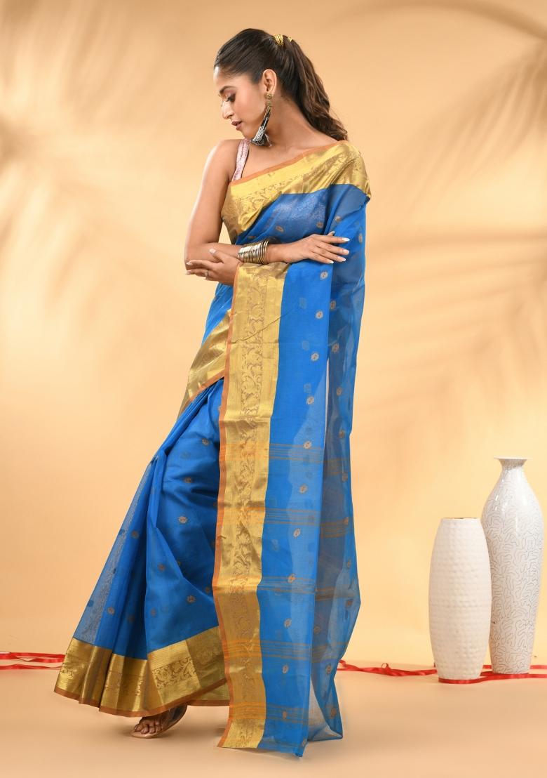 Sky Blue Floral Embroidery Cotton Saree - Indya