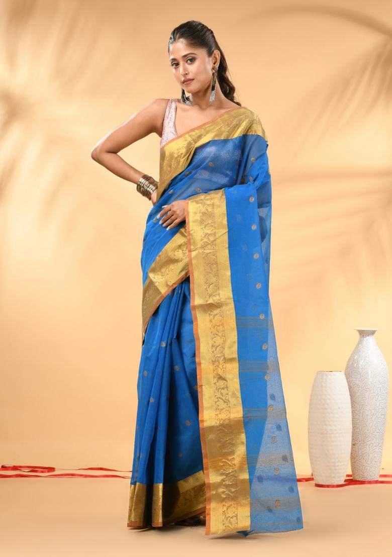 Sky Blue Floral Embroidery Cotton Saree - Indya