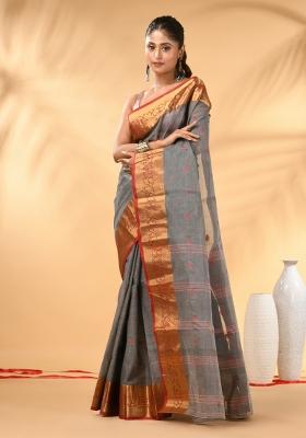 Grey Floral Embroidery Cotton Saree