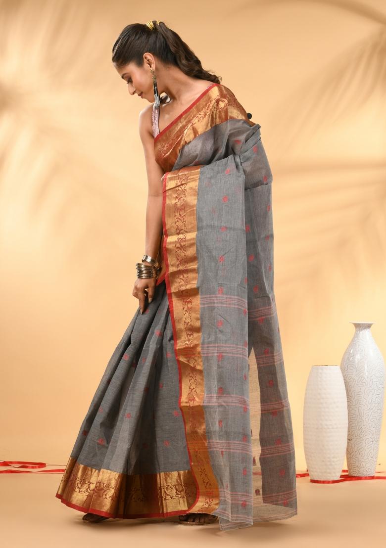 Grey Floral Embroidery Cotton Saree - Indya