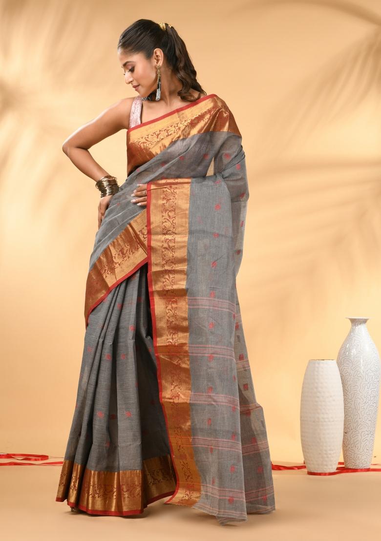 Grey Floral Embroidery Cotton Saree - Indya