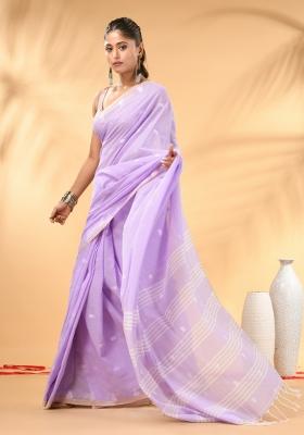 Lavender Floral Embroidery Cotton Saree Set