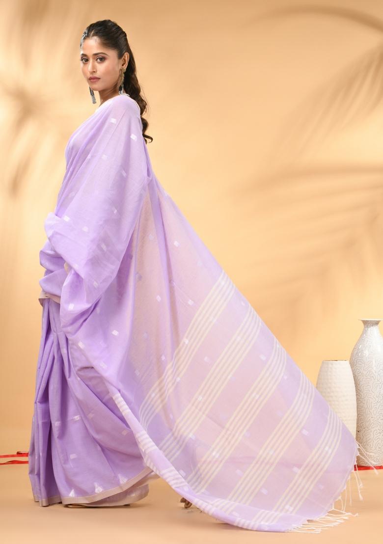 Lavender Floral Embroidery Cotton Saree Set - Indya