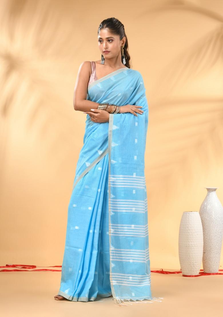 Sky Blue Floral Embroidery Cotton Saree Set - Indya