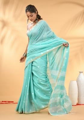 Aqua Blue Floral Embroidery Cotton Saree Set