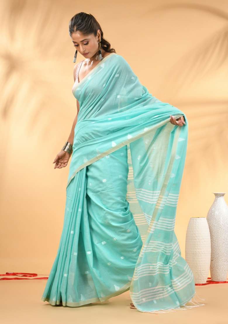 Aqua Blue Floral Cotton Saree Set with Embroidery for Diwali | Wedding & Festive Wear - Indya
