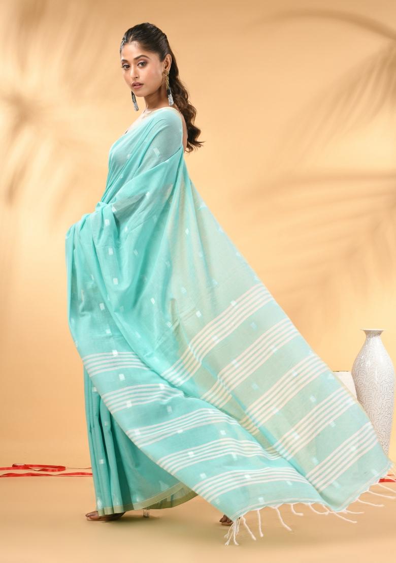 Aqua Blue Floral Embroidery Cotton Saree Set - Indya