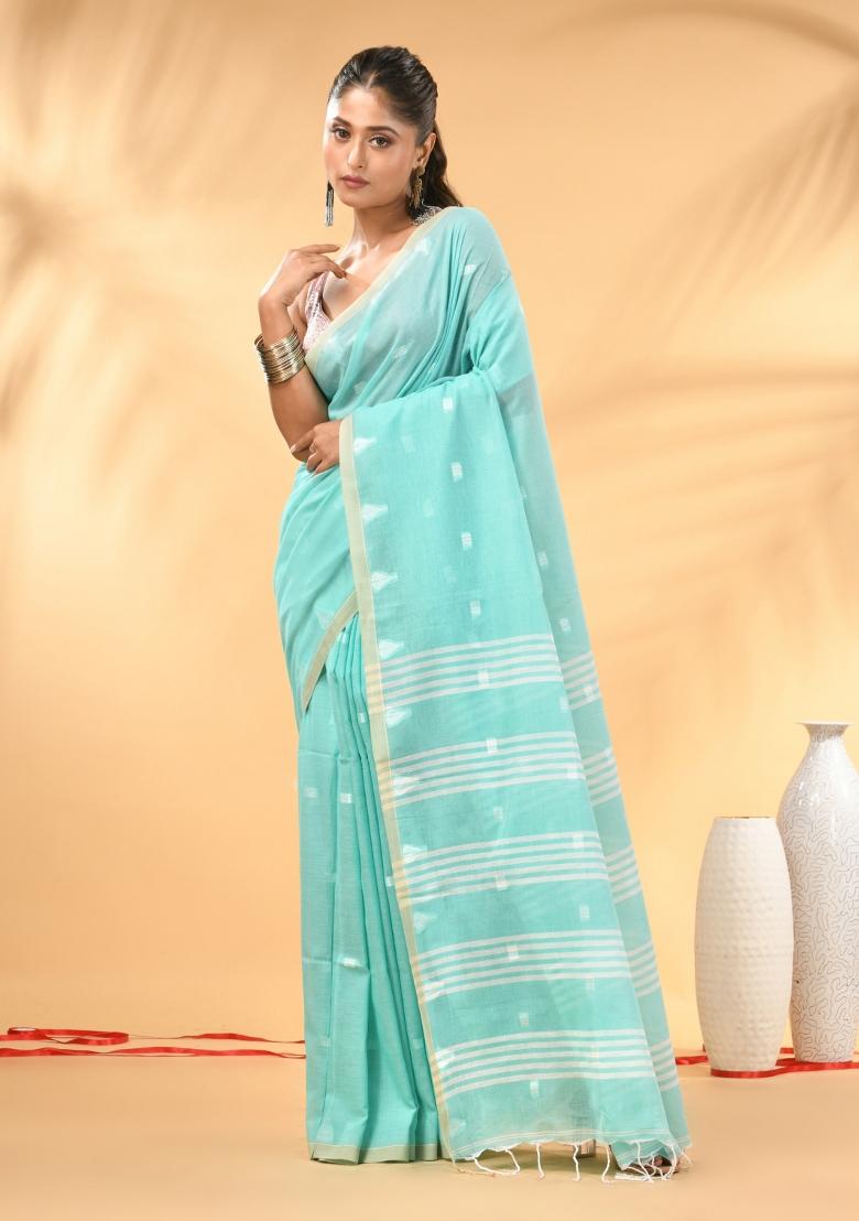 Aqua Blue Floral Embroidery Cotton Saree Set - Indya