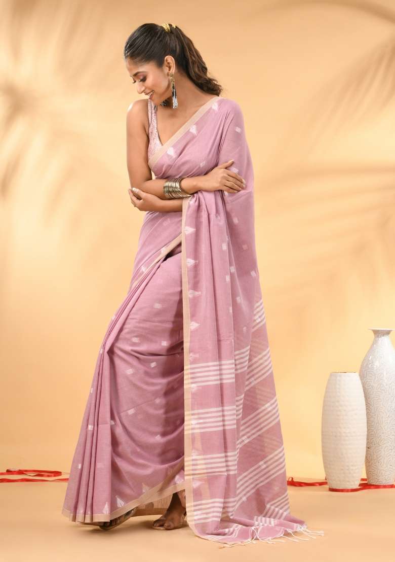 Dusty Pink Floral Embroidery Cotton Saree Set - Indya
