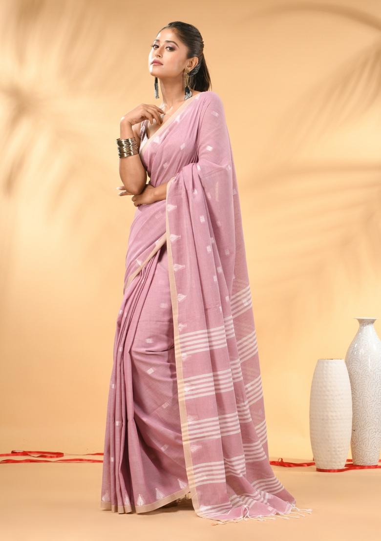 Dusty Pink Floral Embroidery Cotton Saree Set - Indya