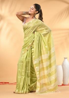 Lime Green Floral Embroidery Cotton Saree Set