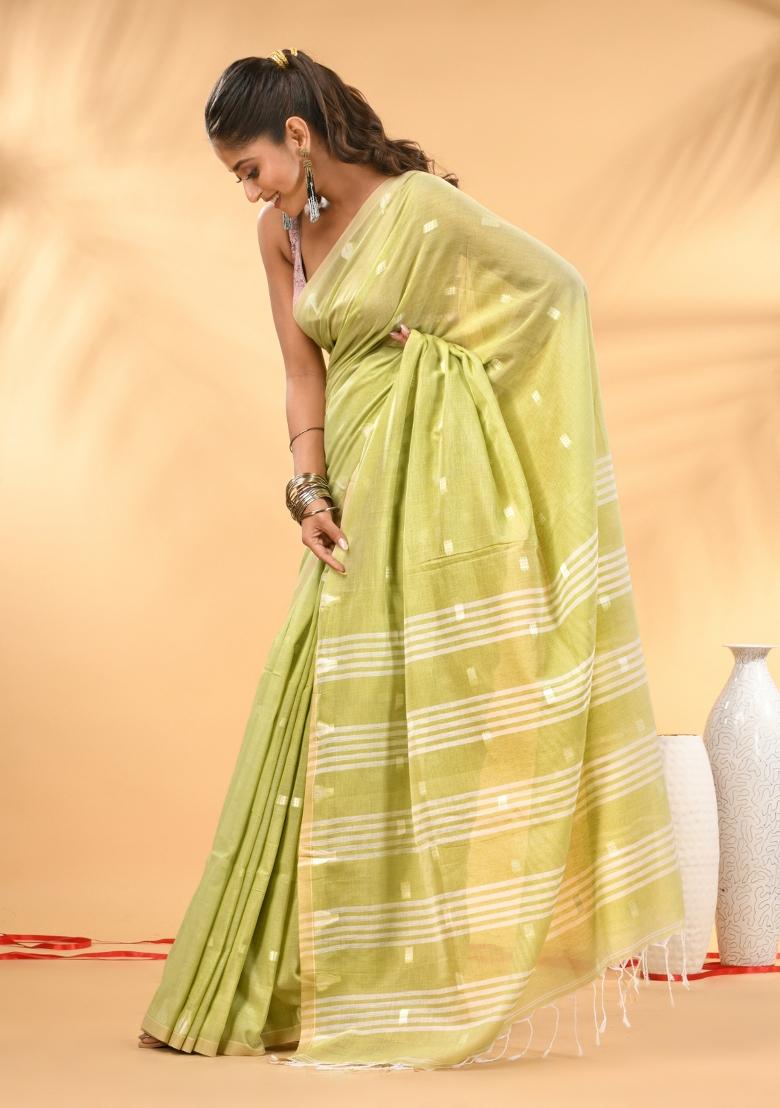 Lime Green Floral Embroidery Cotton Saree Set - Indya