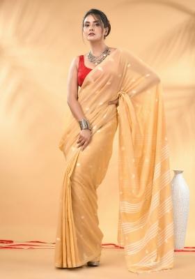 Beige Floral Embroidery Cotton Saree Set