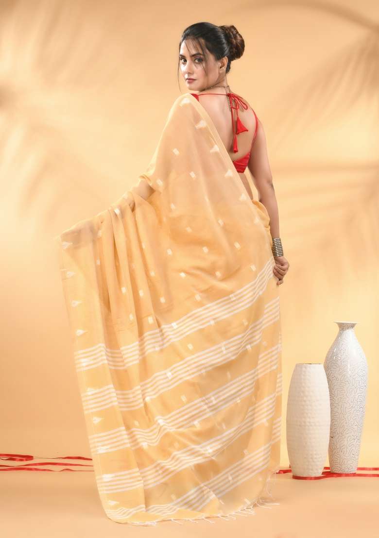 Beige Floral Embroidery Cotton Saree Set for Diwali and Festive Wear - Indya