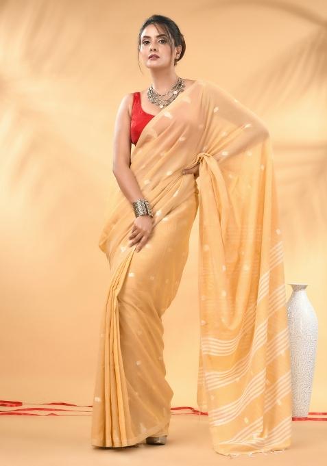 Beige Floral Embroidery Cotton Saree Set