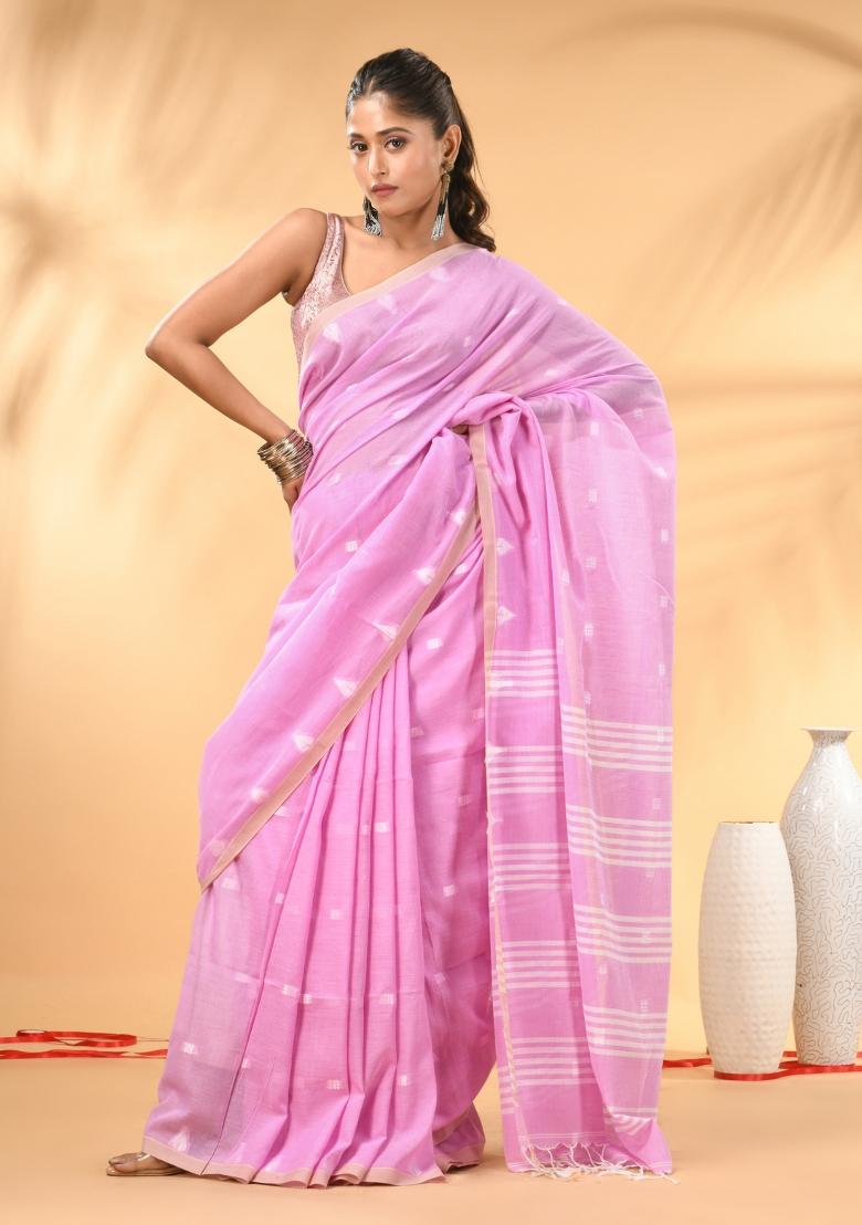 Pink Floral Embroidery Cotton Saree Set - Indya