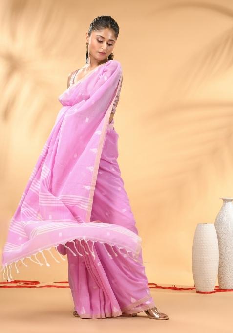 Pink Floral Embroidery Cotton Saree Set