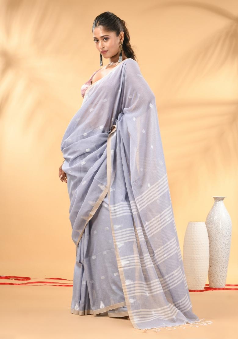 Grey Floral Embroidery Cotton Saree Set - Indya