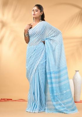 Sky Blue Floral Embroidery Cotton Saree Set