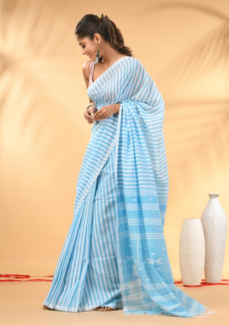 Sky Blue Floral Embroidery Cotton Saree Set - Indya