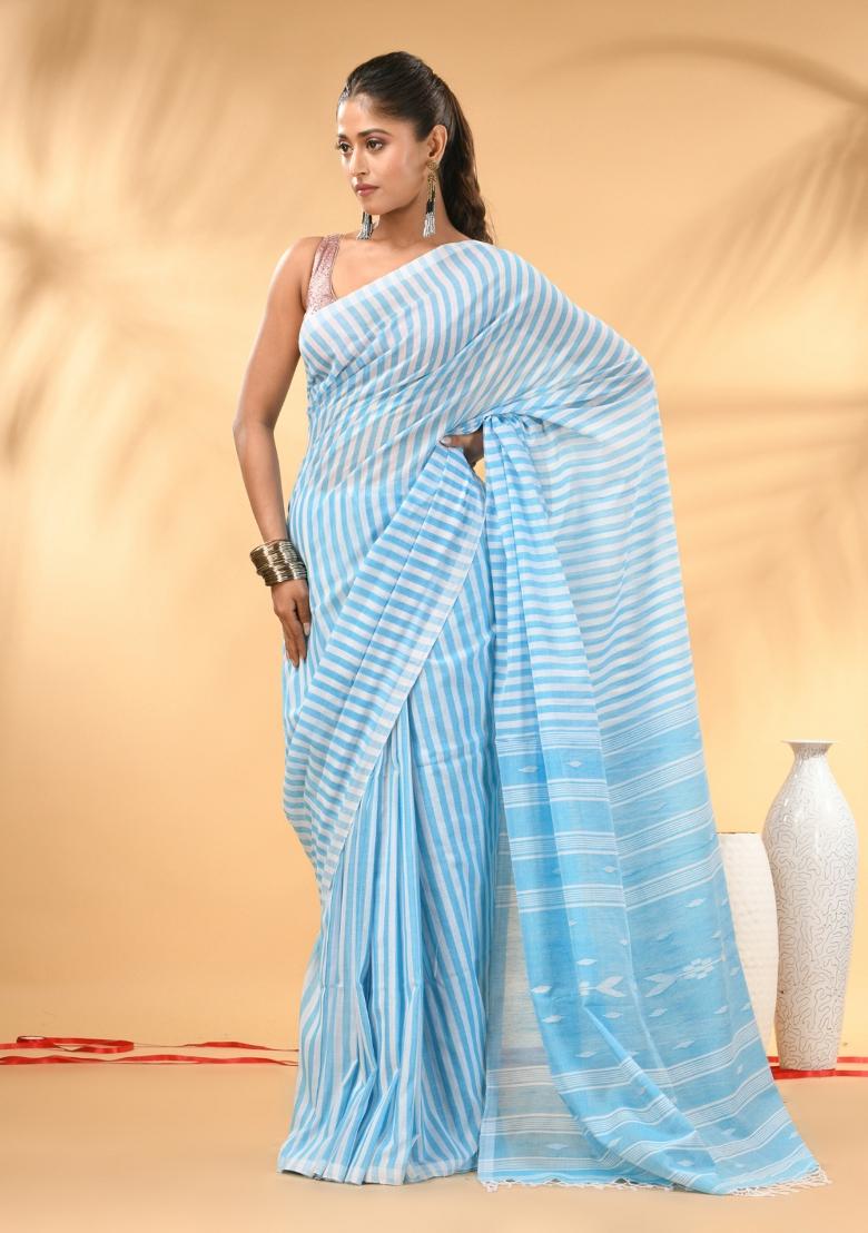 Sky Blue Floral Embroidery Cotton Saree Set - Indya