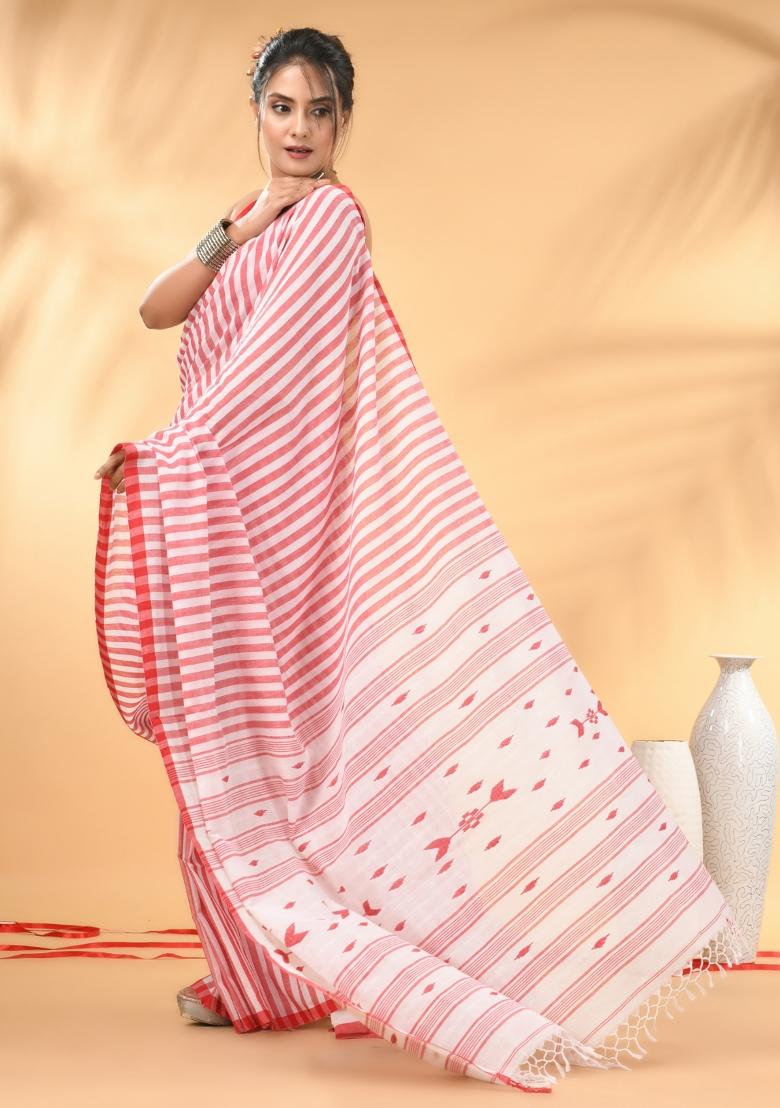 White Floral Embroidery Cotton Saree Set - Indya