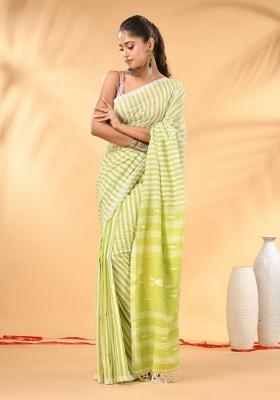 Lime Green Floral Embroidery Cotton Saree Set