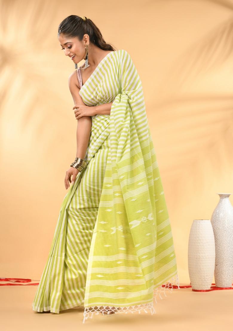 Lime Green Floral Embroidery Cotton Saree Set - Indya