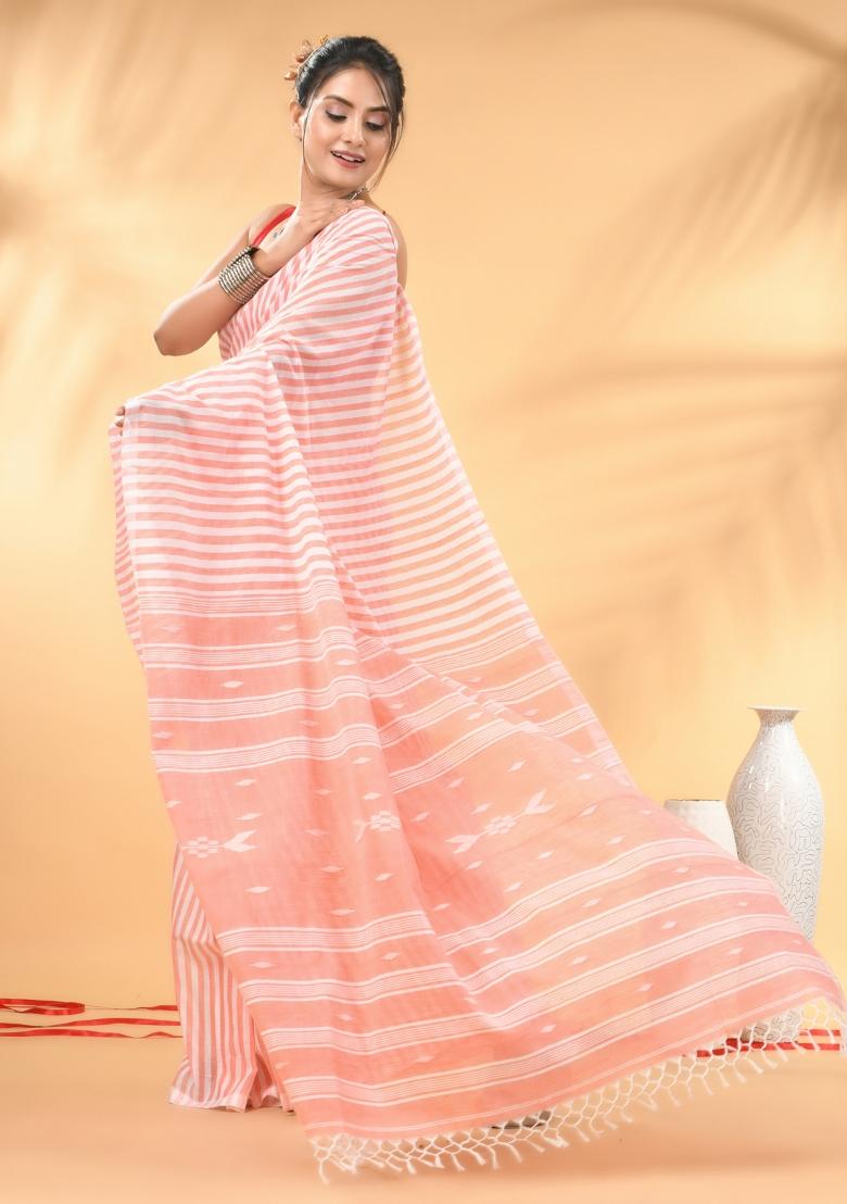 Peach Floral Embroidery Cotton Saree Set - Indya