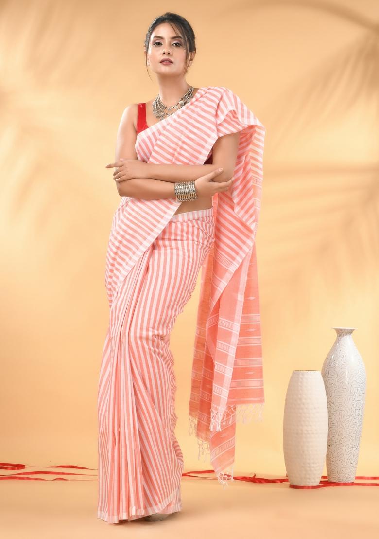 Peach Floral Embroidery Cotton Saree Set - Indya