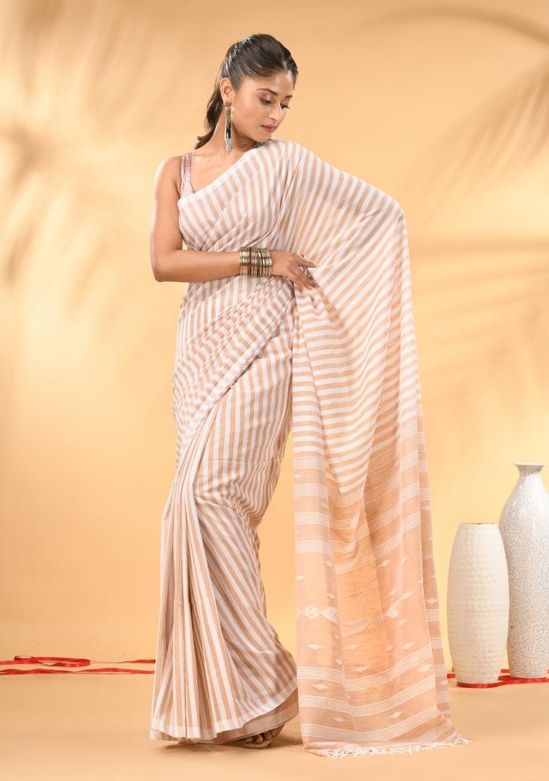 Beige Floral Embroidery Cotton Saree Set - Indya