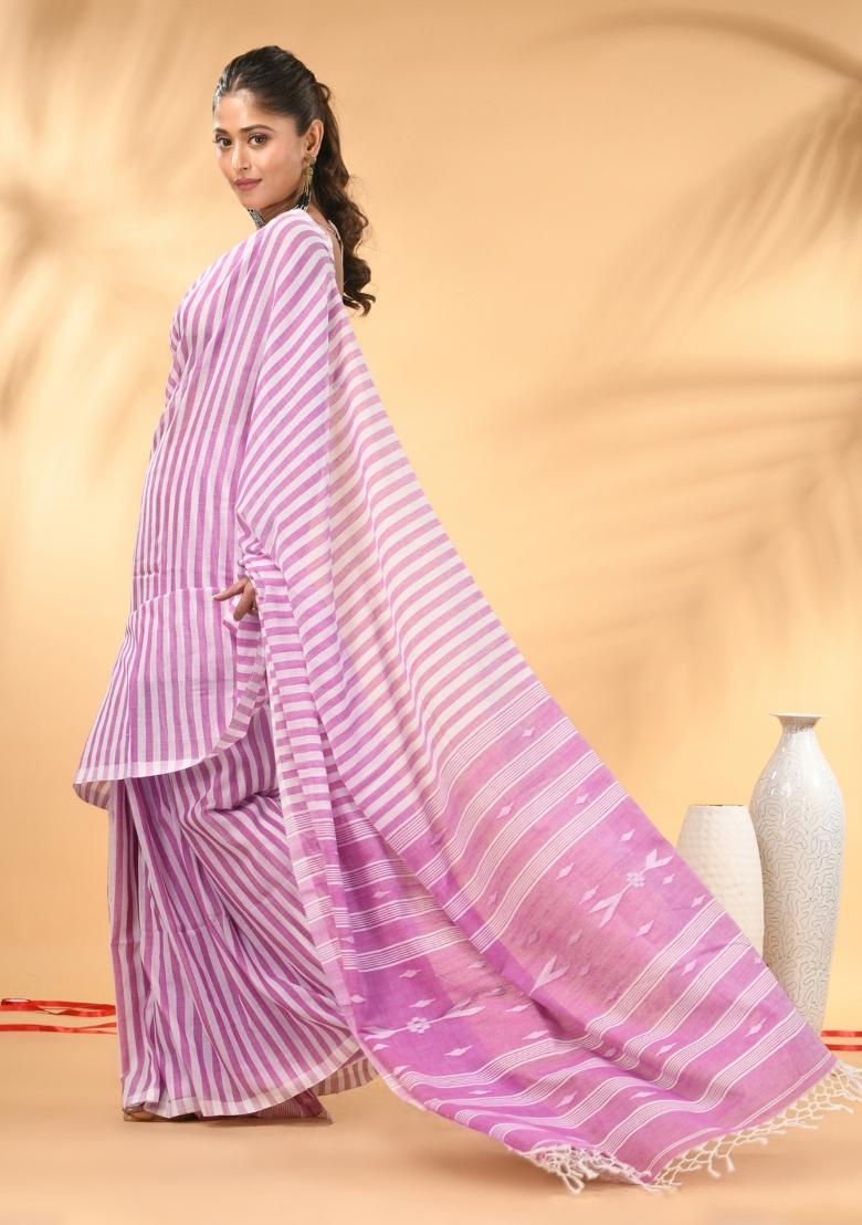 Lavender Floral Embroidery Cotton Saree Set - Indya