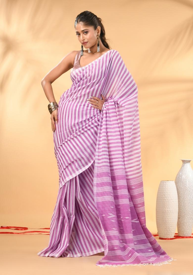 Lavender Floral Embroidery Cotton Saree Set - Indya