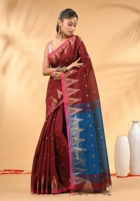 Maroon Floral Embroidery Cotton Saree Set