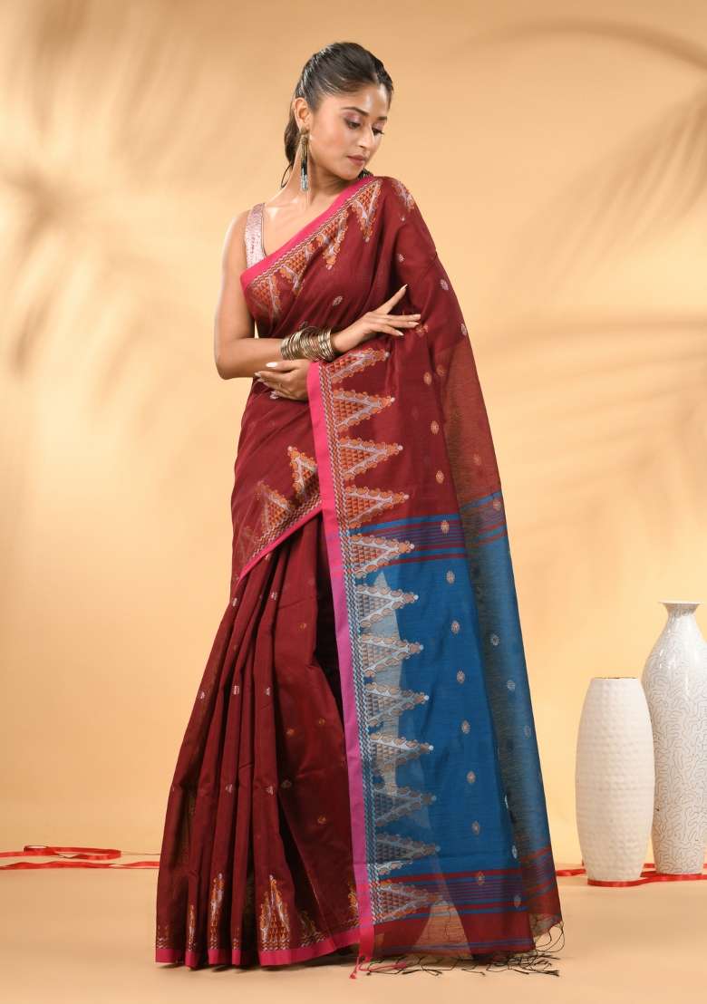 Maroon Floral Embroidery Cotton Saree Set for Diwali and Festive Wear - Indya