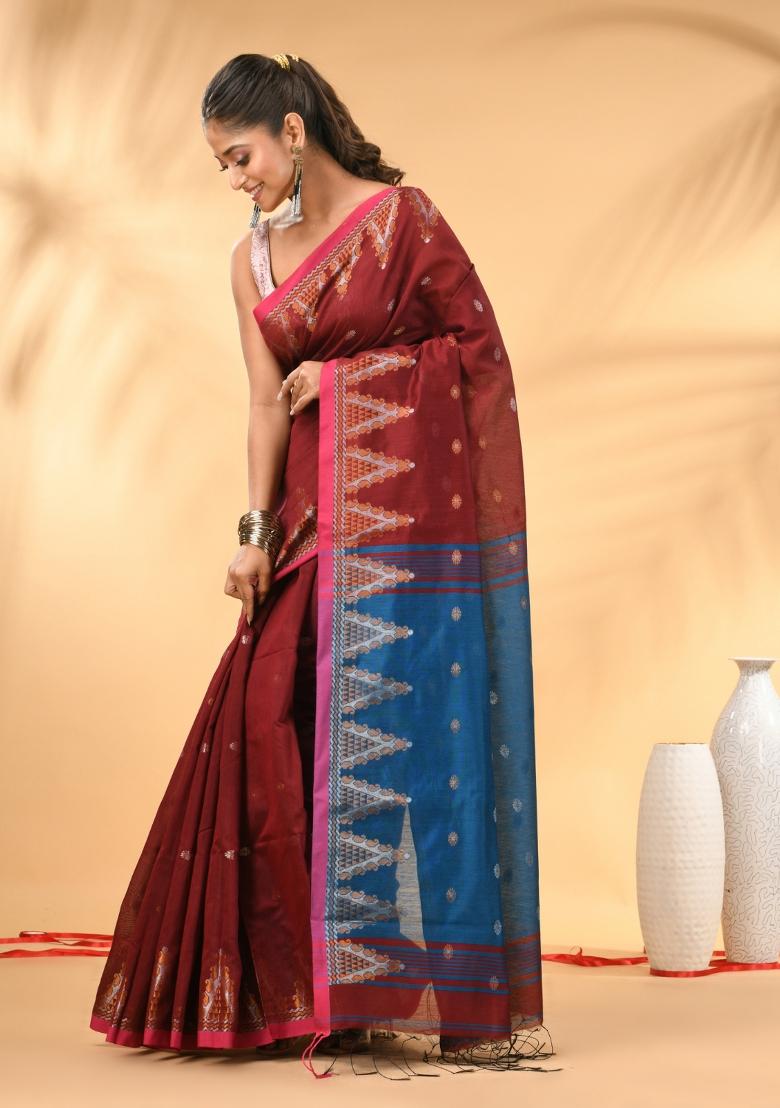 Maroon Floral Embroidery Cotton Saree Set - Indya