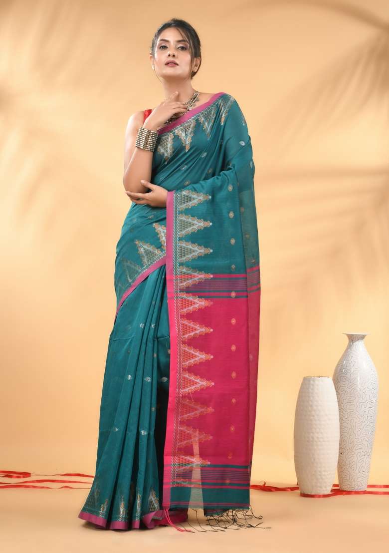 Teal Floral Cotton Saree Set with Embroidery for Diwali | Wedding & Festive Wear - Indya
