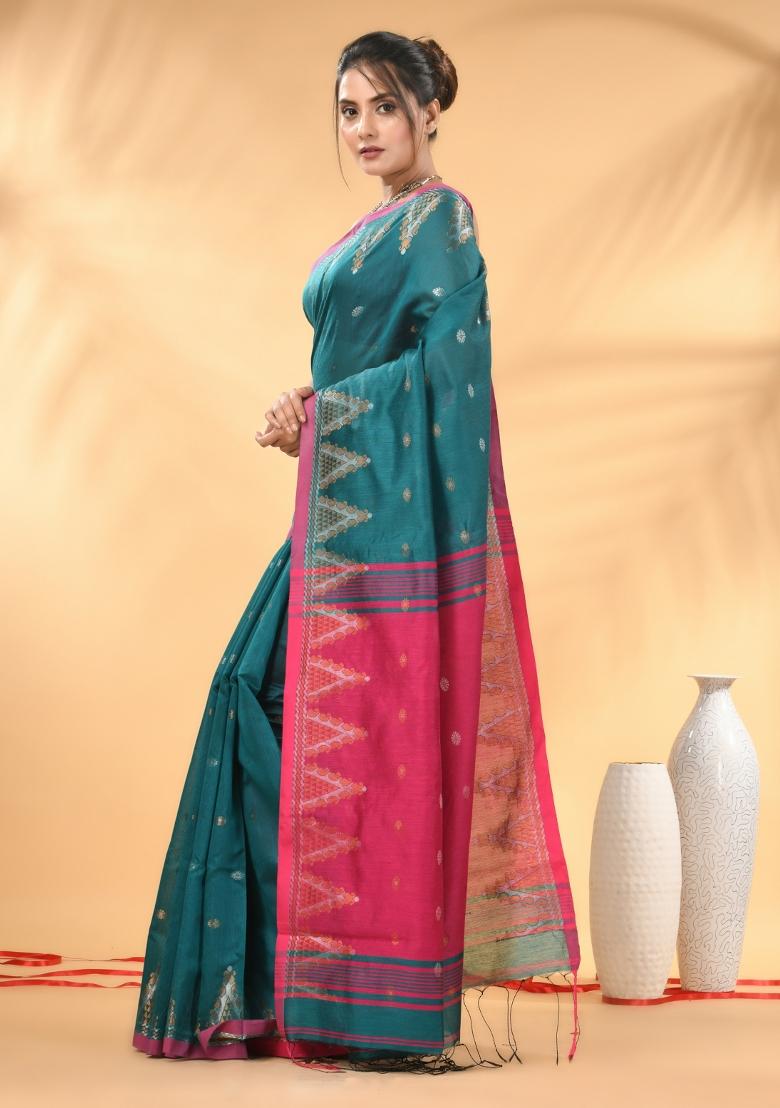 Teal Floral Embroidery Cotton Saree Set - Indya