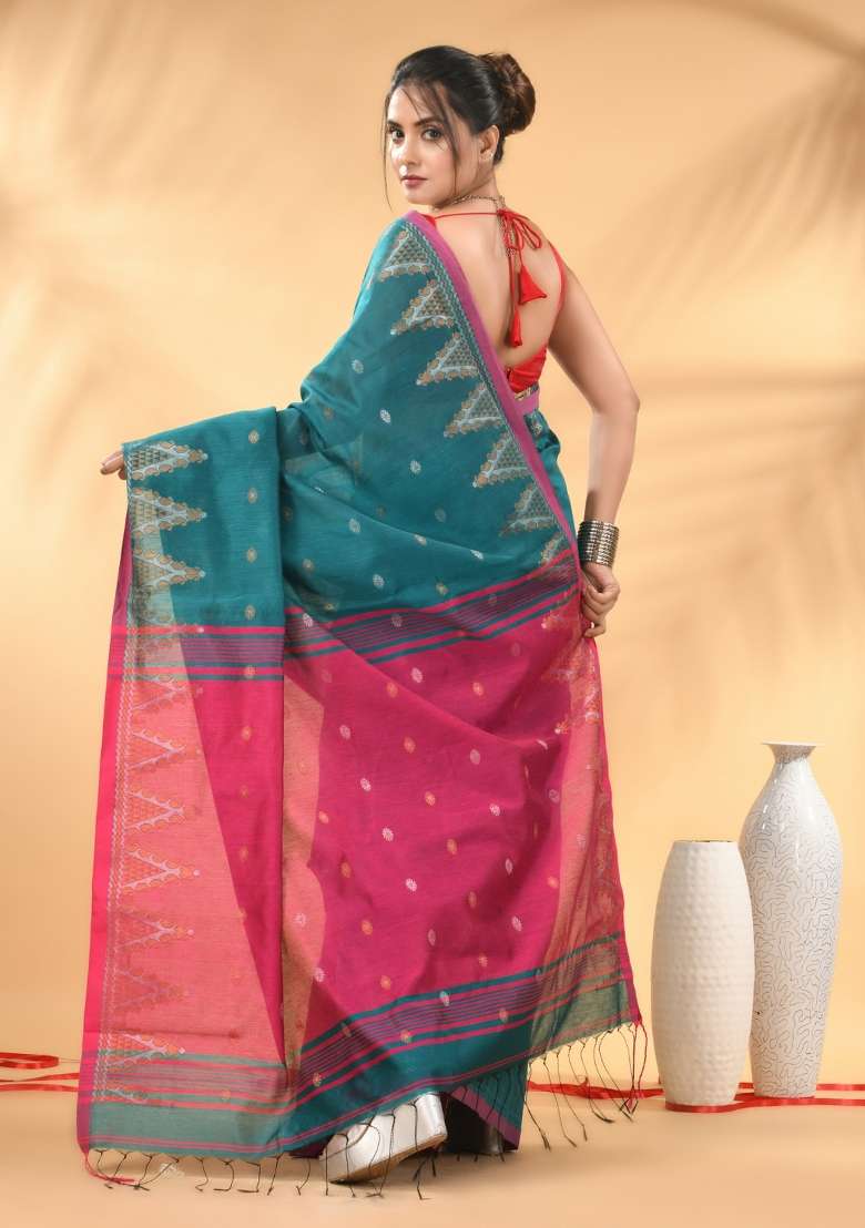 Teal Floral Cotton Saree Set with Embroidery for Diwali | Wedding & Festive Wear - Indya