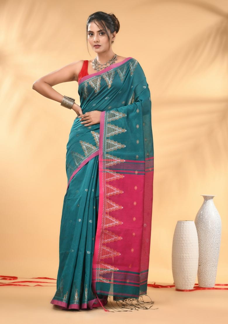 Teal Floral Embroidery Cotton Saree Set - Indya